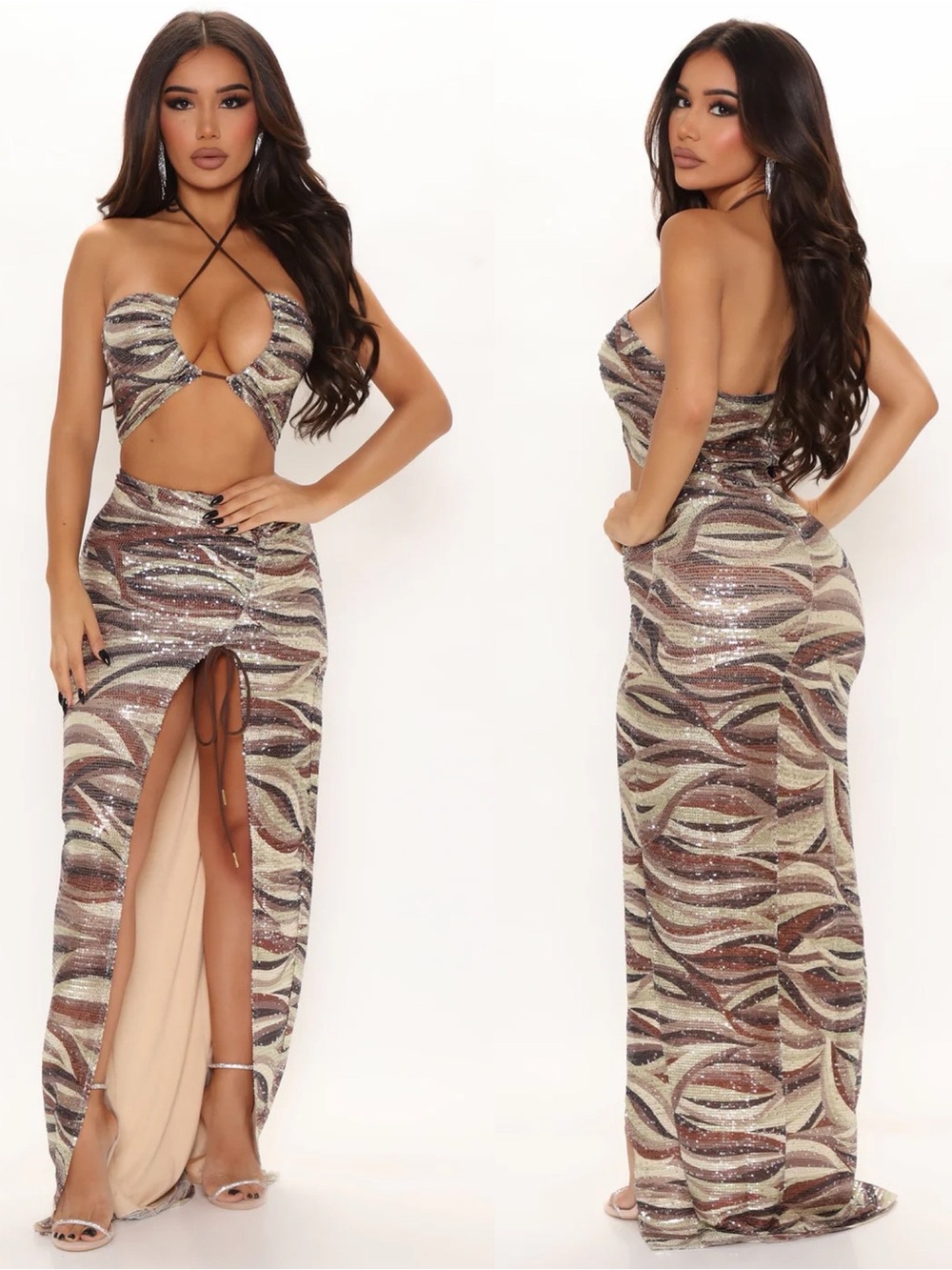 Fashion Nova | Brown & Cream Sequin Wave Cutout Maxi Dress | NWOT | L